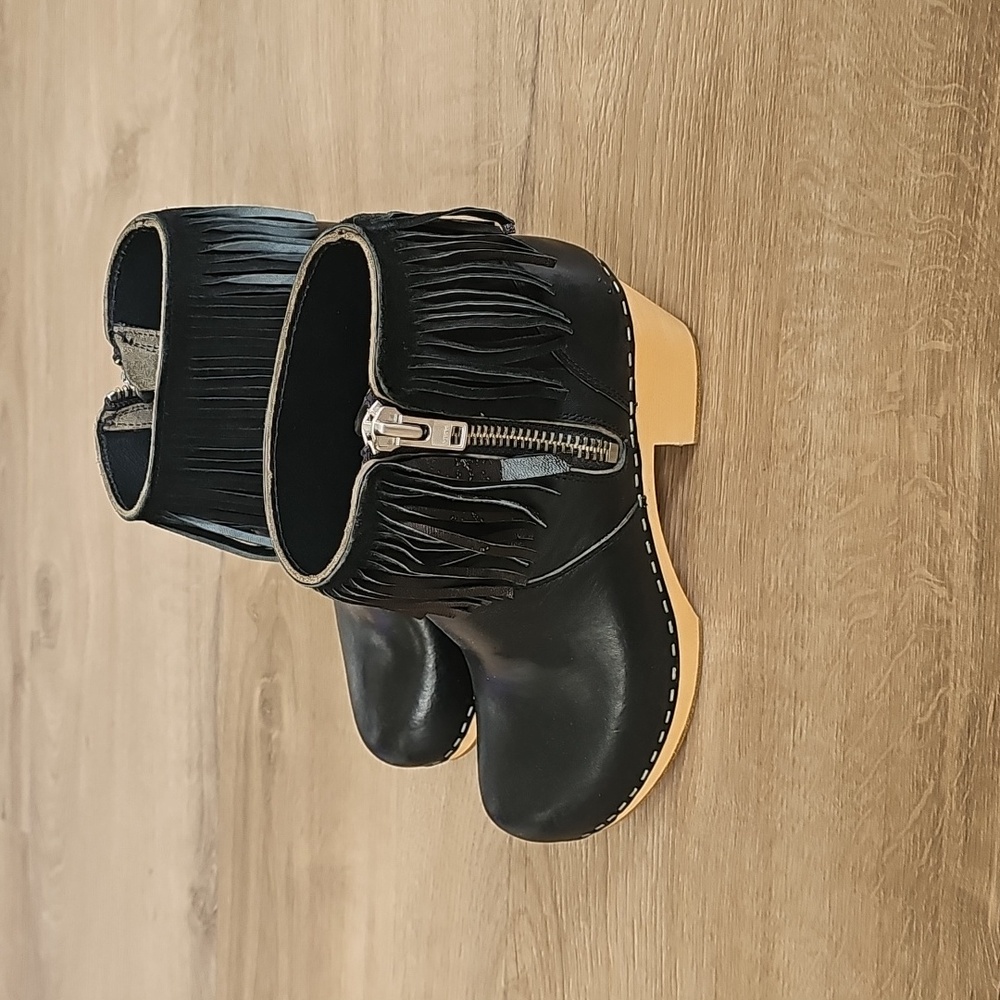 Swedish Hasbeens Black Ankle Boots with Fringe Size 37